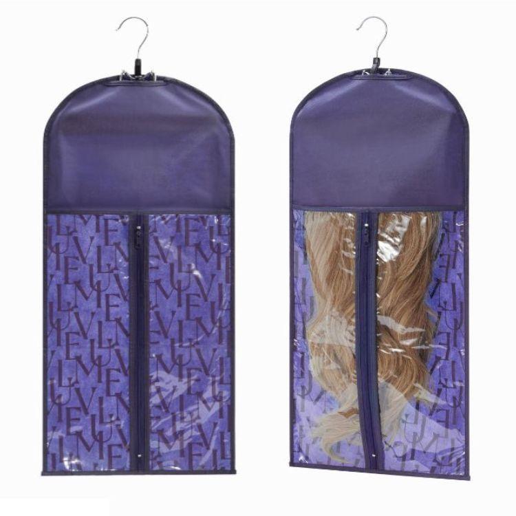 Portable Hair Extension Storage Wig Bags with Anti-slip Wooden Hanger & Transparent Zip Up Closure Organiser Hangable