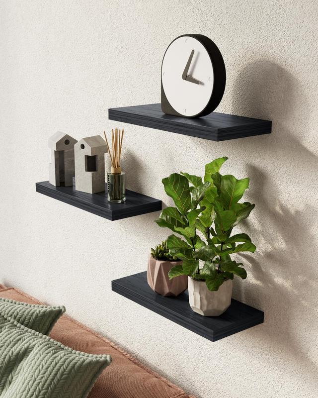 Floating Shelves for Wall, Wall Mounted Rustic Wood Shelves for Bathroom, Bedroom, Living Room, Kitchen, Hanging Shelf for Books Storage Room Decor with 22lbs Capacity (Black, Set of 3, 16in) Wooden