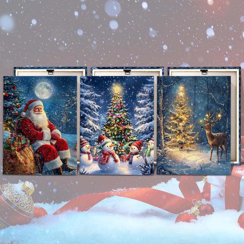 Christmas Themed Wooden Framed Canvas, 3 Counts set Smiling Santa Claus & Snowman & Deer Pattern Wall Art, Wall Decor for Home Living Room Bedroom Office