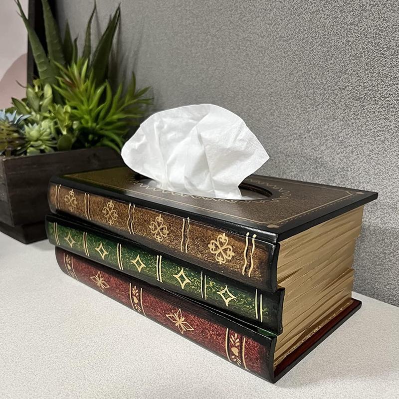 Classical Retro Wooden Antique Book Tissue Box Cover Rectangular Tissue Holder Dispenser Paper Cover Case Napkin Holder Home Decor for Bathroom living room office car kitchen Organiser