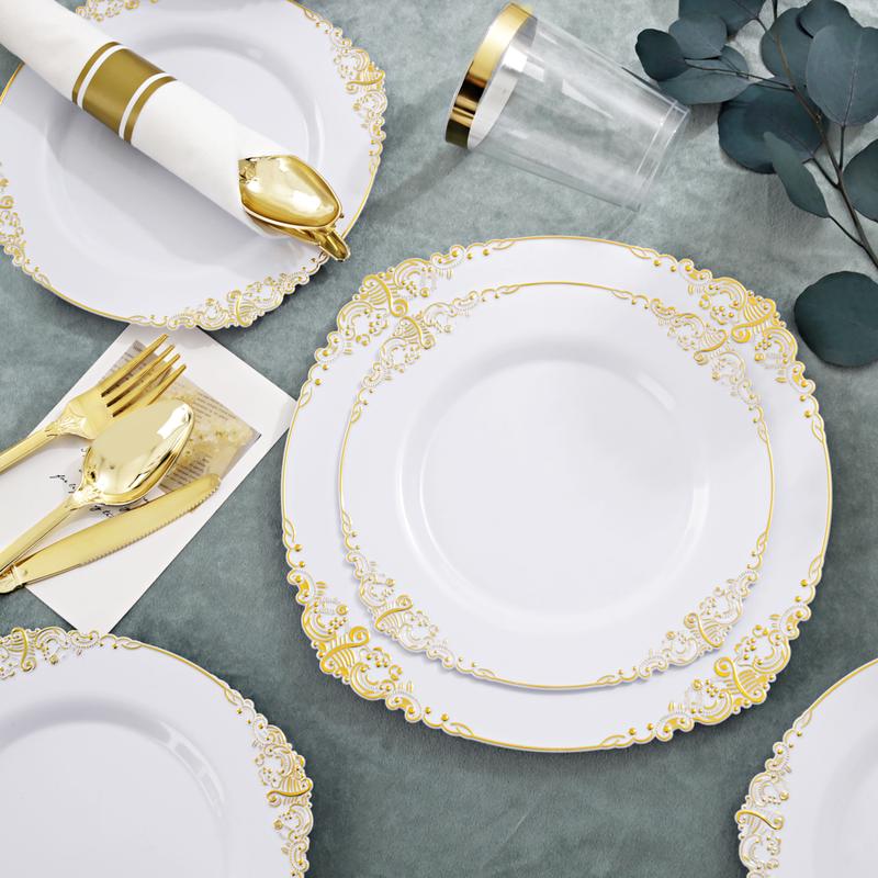 Nervure 350PCS Gold Plastic Plates - Disposable Dinnerware Plates and Pre Rolled Napkins with Plastic Cutlery for 50 Guests, 100Plates, 150Silverware, 50Cups, 50Napkins for Wedding&Party(Heavyweight)