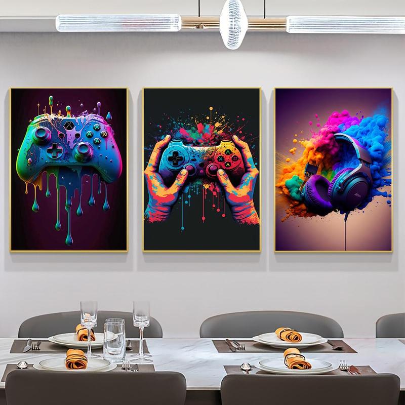 Game Controller Headphone Pattern Canvas Painting without Frame, 3 Counts set Colorful Wall Art, Wall Decor for Home Living Room Bedroom Office