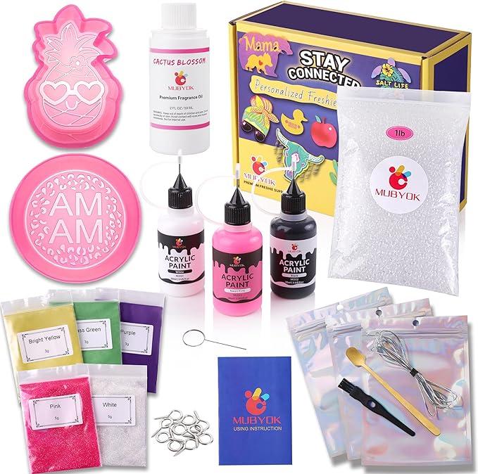 MUBYOK Car Freshies Starter Kit DIY Freshie Supplies Making Kit with 250G Unscented Aroma Beads,2 oz Fragrance Oil,Freshies Silicone Molds，Acrylic Paint,Mica Powder,Glitter（Make 3 freshie）