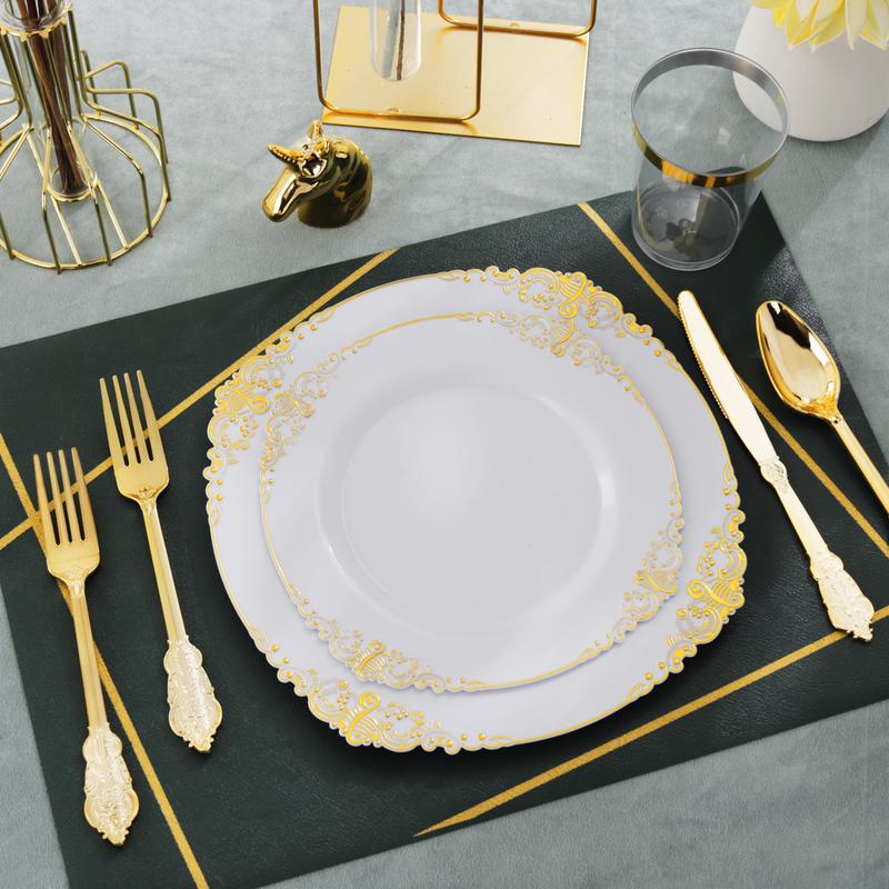 Nervure 350PCS Gold Plastic Plates - Disposable Dinnerware Plates and Pre Rolled Napkins with Plastic Cutlery for 50 Guests, 100Plates, 150Silverware, 50Cups, 50Napkins for Wedding&Party(Heavyweight)