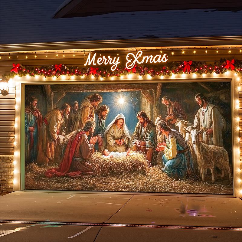 1pc Festive Season Birth Scene Outdoor Garage Door Banner Decoration, Large 6X13 Feet Polyester Tapestry Background for Holiday Parties, Star of Bethlehem Scene Garage Door Decor, Durable, Easy to Hang, No Power Needed