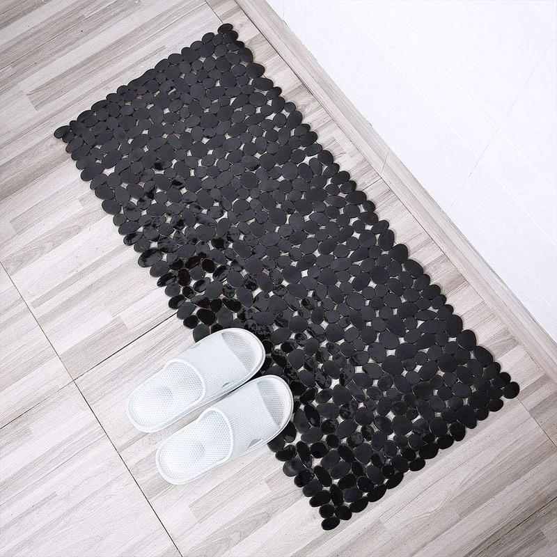 Non-Slip Pebble Bathtub Mat Black 16 W x 35 L Inches (for Smooth Non-Textured Tubs Only) Safe Shower Mat with Drain Holes, Suction Cups for Bathroom