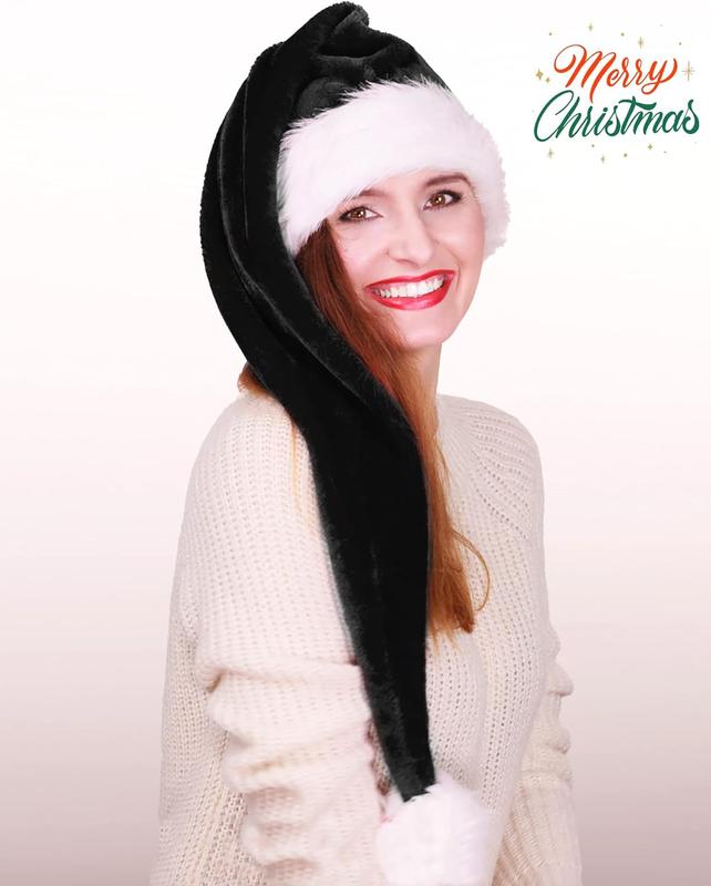 Christmas Black Santa Hat Long, Adults Deluxe Black and White Xmas Christmas Hat for Black Christmas Theme  Year Festive Holiday Party Supplies