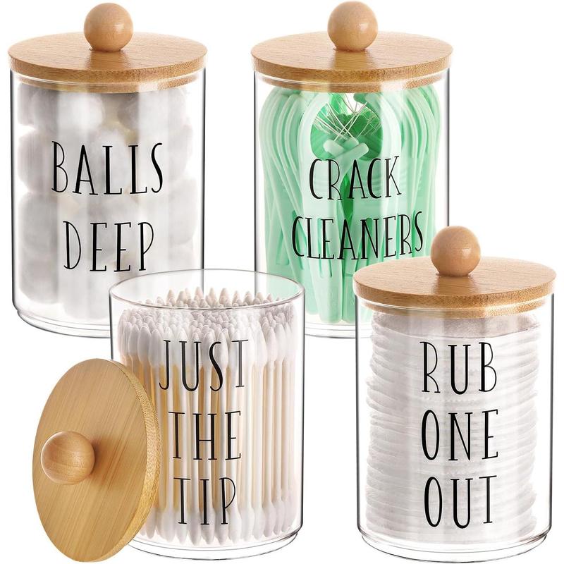 4 Pack Qtip Holder with Bamboo Lids, 10 oz Bathroom Organizer Accessories Storage Containers Clear Plastic Apothecary Jars for Cotton Ball, Cotton Swab, Floss Bottles Tin