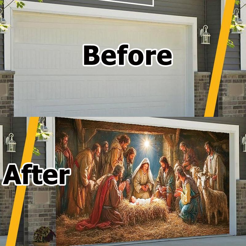 1pc Festive Season Birth Scene Outdoor Garage Door Banner Decoration, Large 6X13 Feet Polyester Tapestry Background for Holiday Parties, Star of Bethlehem Scene Garage Door Decor, Durable, Easy to Hang, No Power Needed