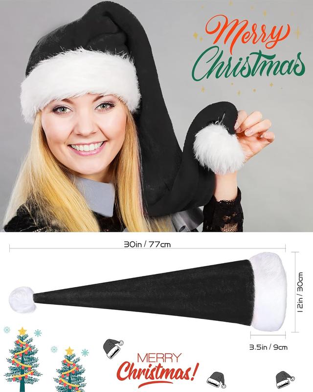 Christmas Black Santa Hat Long, Adults Deluxe Black and White Xmas Christmas Hat for Black Christmas Theme  Year Festive Holiday Party Supplies