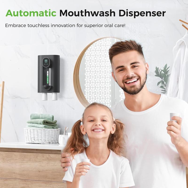 OyLik Automatic Mouthwash Dispenser 18.26 oz Touchless Mouthwash Dispenser for Bathroom 2 Magnetic Cup USB Rechargeable and 3 Dispensing Levels with Led Screen Wall-Mounted or Countertop Use-Black Adjustable Traditional