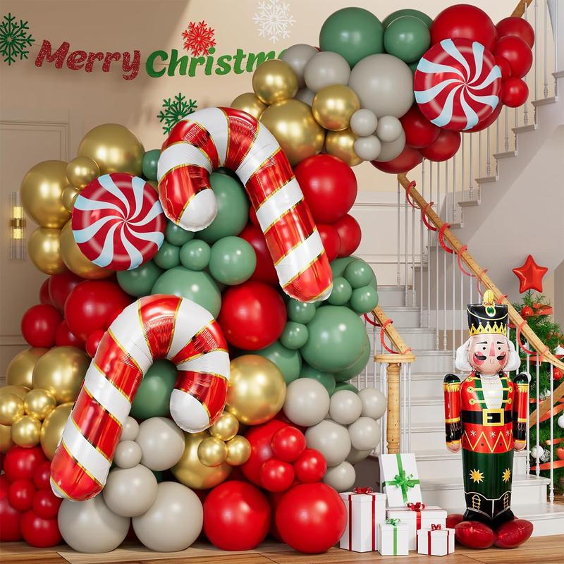 168 Pcs Red Sage Green Gold White Sand Balloons Christmas Balloon Garland Arch Kit Candy Balloons Cand Cane Balloons Nutcracker Balloons for Christmas Party Decorations Supplies