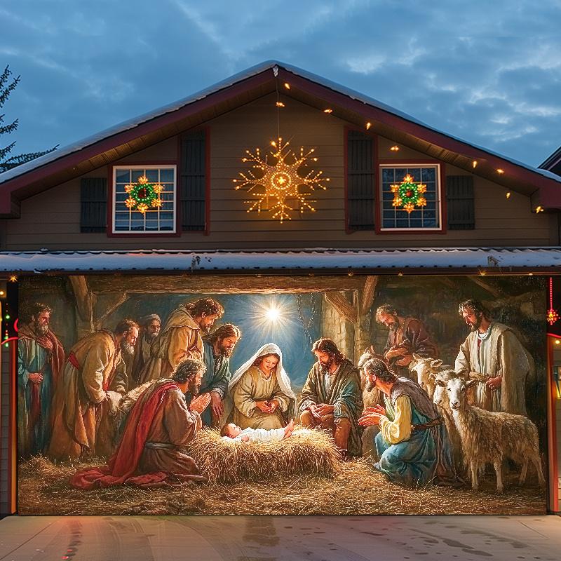 1pc Festive Season Birth Scene Outdoor Garage Door Banner Decoration, Large 6X13 Feet Polyester Tapestry Background for Holiday Parties, Star of Bethlehem Scene Garage Door Decor, Durable, Easy to Hang, No Power Needed