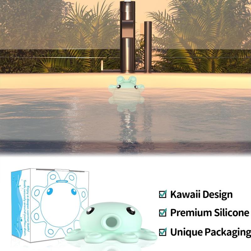 Bathtub Overflow Drain Cover - Silicone Bath Tub Drain Cover, Octopus Tub Overflow Drain Stopper with Suction Cups, Adds Inches of Water for Deeper Bath, Bathroom Spa Relaxing Accessory, Aqua Green