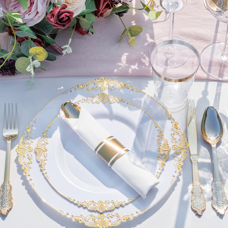 Nervure 350PCS Gold Plastic Plates - Disposable Dinnerware Plates and Pre Rolled Napkins with Plastic Cutlery for 50 Guests, 100Plates, 150Silverware, 50Cups, 50Napkins for Wedding&Party(Heavyweight)