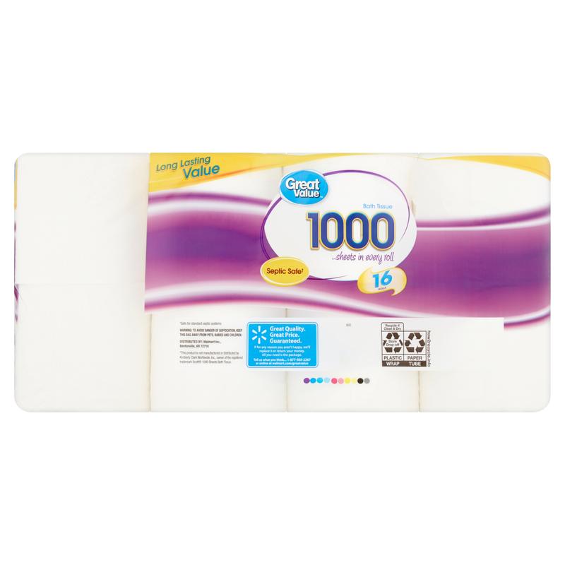 Great Value 1000 Bath Tissue Rolls, Pack of 16 - Toilet Wipes