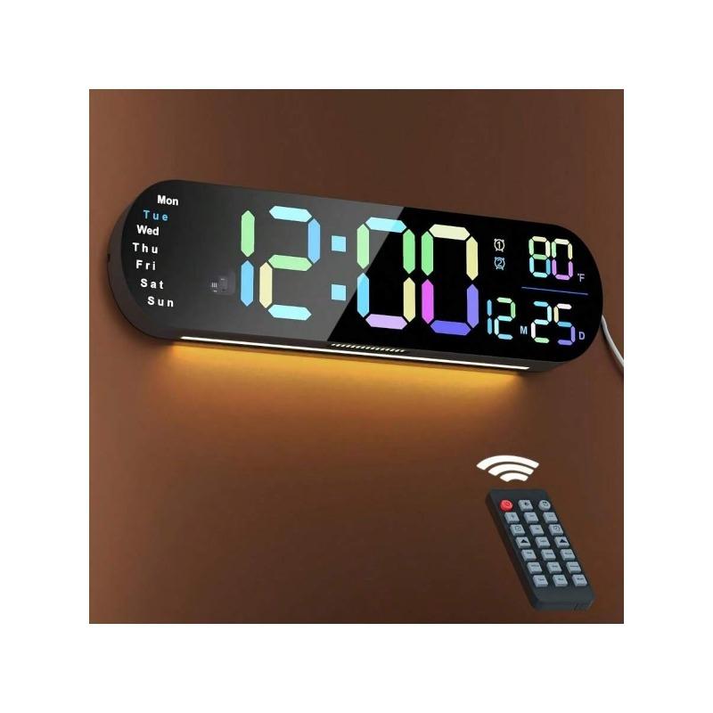 Large Digital Wall Clock With Remote Control 13.7', Auto Brightness, 9 RGB Ambient Light, Dual Alarm Clock&Timer, 12 24H Mode, Temperature For Bedroom, Wall Decor Gift For Elder, Black, 2 Pack