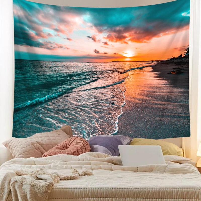 Beach Landscape Pattern Tapestry, 1 Count Sunset & Dusk Beautiful Scenery Tapestry, Wall Hanging Decor for Living Room & Bedroom & Office