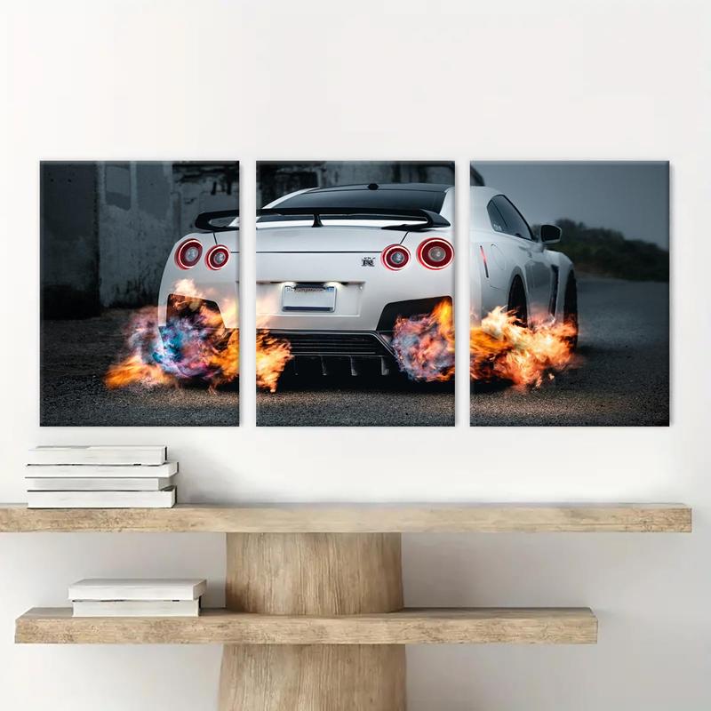 Cool Sports Car Pattern Wooden Framed Canvas Painting, 3 Counts set Modern Art Wall Decor, Wall Art for Home Living Room Bedroom Office