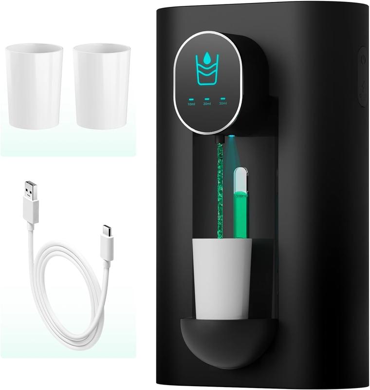 OyLik Automatic Mouthwash Dispenser 18.26 oz Touchless Mouthwash Dispenser for Bathroom 2 Magnetic Cup USB Rechargeable and 3 Dispensing Levels with Led Screen Wall-Mounted or Countertop Use-Black Adjustable Traditional