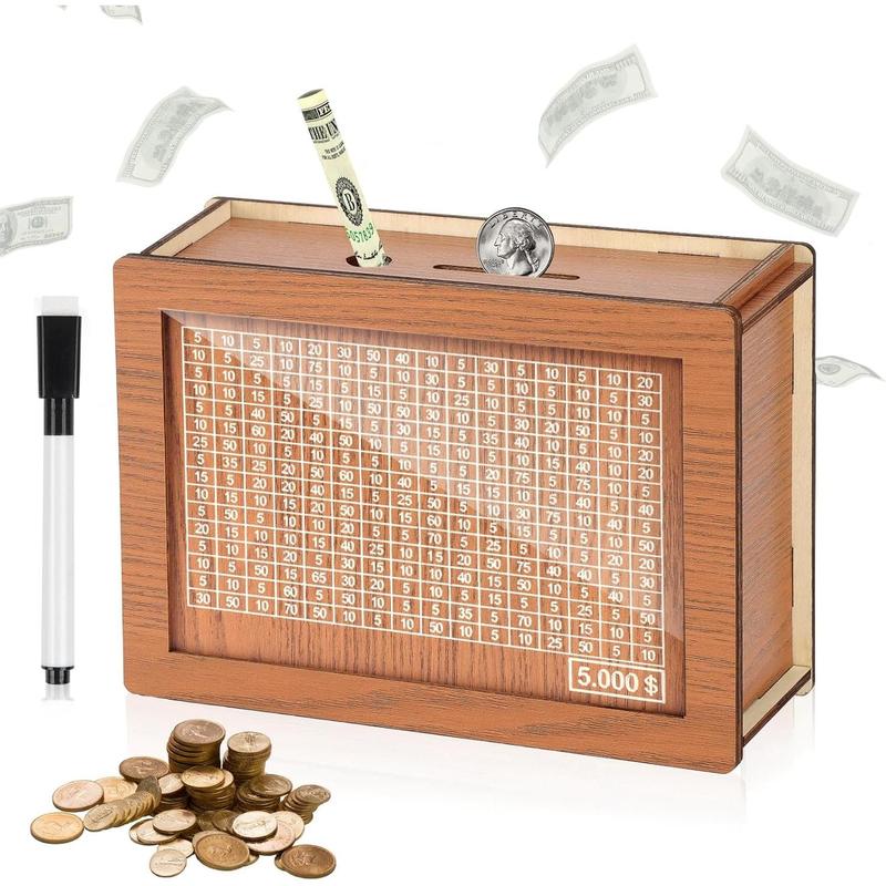 Cash Vault Wooden Savings Box, 2024 New Wooden Cash Saver Money Box, Cash Saver Box, Coin Counter Piggy Bank, Money Box with Counter, Wooden Money Box with Money Target and Numbers($5000)