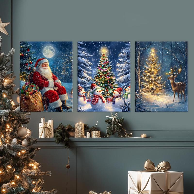 Christmas Themed Wooden Framed Canvas, 3 Counts set Smiling Santa Claus & Snowman & Deer Pattern Wall Art, Wall Decor for Home Living Room Bedroom Office