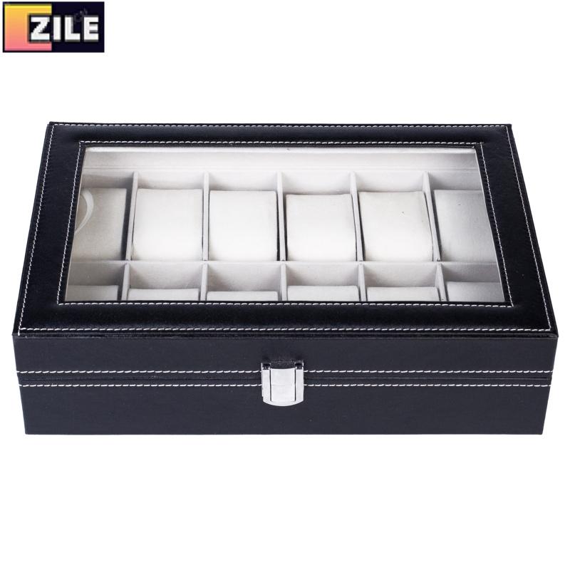 12 Compartments Top-level Opening Style Leather Watch Collection Box Black