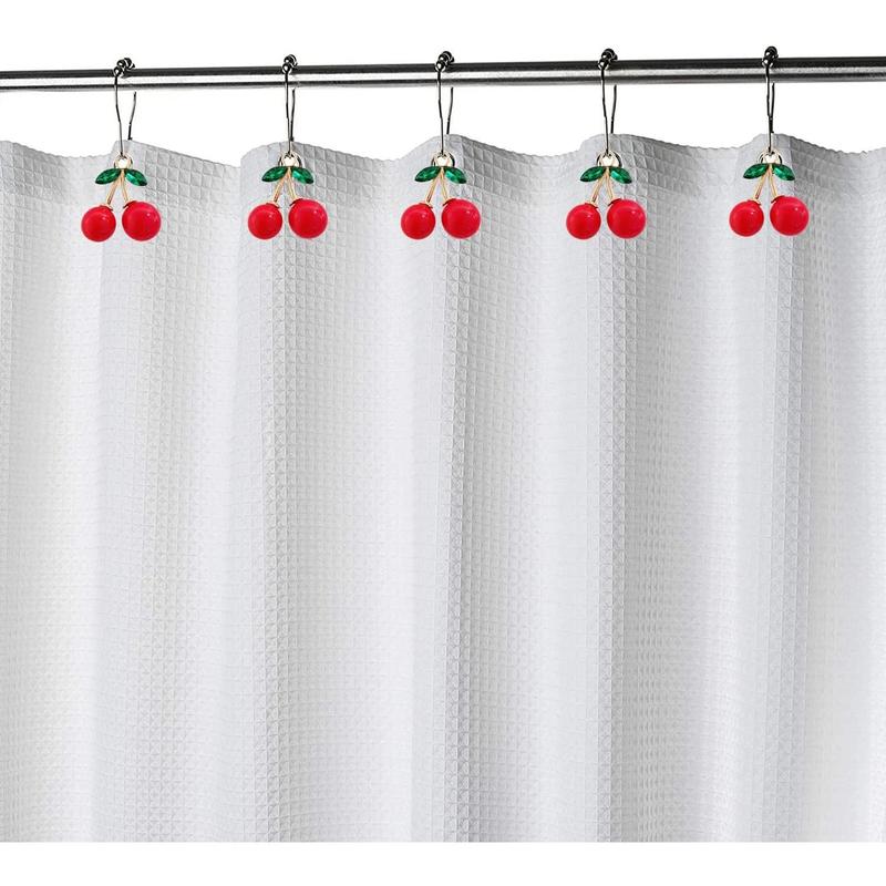 Set of 12 Cherries Shower Curtain Hooks Rings, Red Cherry Decoration, Fruit Style ForBathroom, Stainless Steel Hooks Rustproof (Red-Cherry)