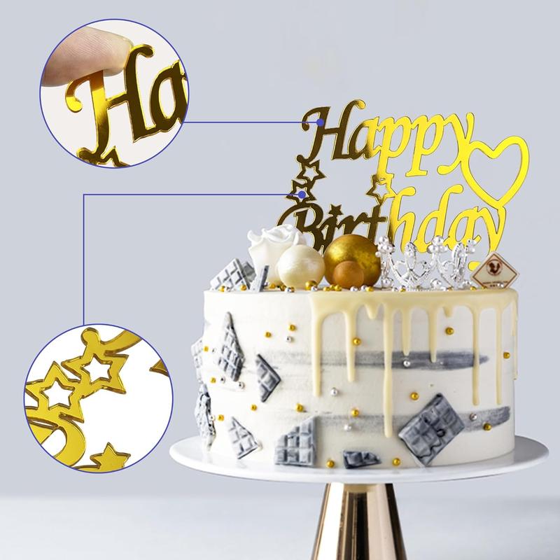 120 count  Happy Birthday Cake Toppers Mirror  Cake Topper Cake Decorations Cake Inserts Cake Decorating Supplies Cupcake Toppers for Birthday Party Cake Desserts Pastries 15 Styles