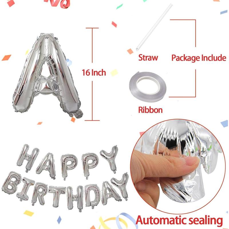 Silver Happy Birthday Balloons Banner,16 Inch Mylar Foil Letters Sign,Reusable Balloons for Women, Men, Boys & Girls Birthday Decorations Party Supplies