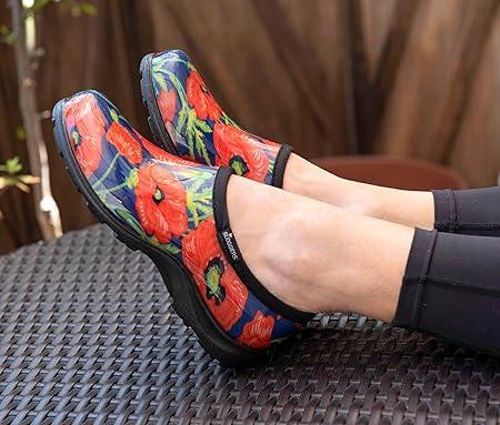 Sloggers Original Waterproof Rain and Garden Comfortable Shoe for Women – Bold Poppies Blue   Lt. Green- Made in The USA with Premium Comfort Insole