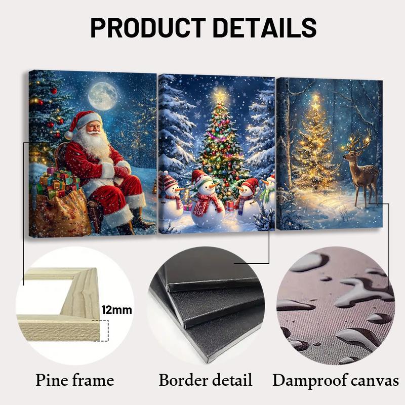 Christmas Themed Wooden Framed Canvas, 3 Counts set Smiling Santa Claus & Snowman & Deer Pattern Wall Art, Wall Decor for Home Living Room Bedroom Office