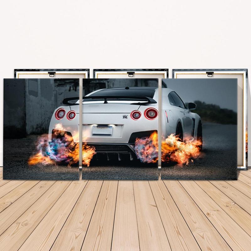 Cool Sports Car Pattern Wooden Framed Canvas Painting, 3 Counts set Modern Art Wall Decor, Wall Art for Home Living Room Bedroom Office