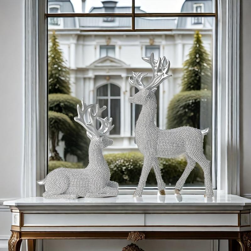 2pcs Set Christmas Deer Figurines - Classic Resin Crafts for Holiday Home Decor, Perfect for Living Room, Bar, Cafe & More Ornaments Decoration christmas 2024 ornament glass cleaner heavy leather apron