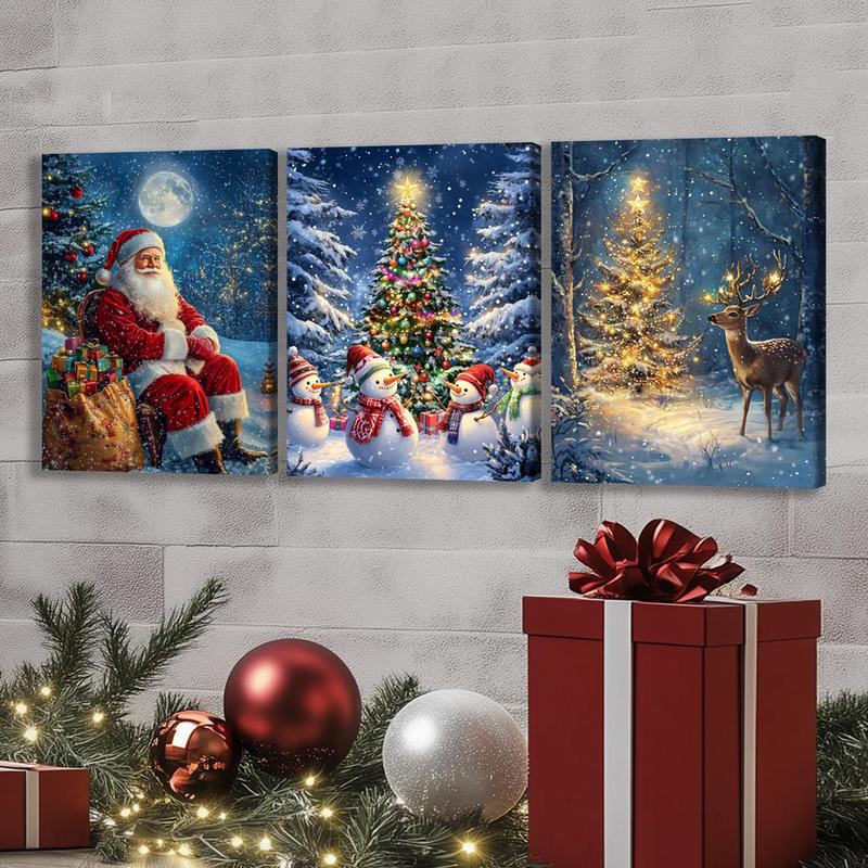 Christmas Themed Wooden Framed Canvas, 3 Counts set Smiling Santa Claus & Snowman & Deer Pattern Wall Art, Wall Decor for Home Living Room Bedroom Office