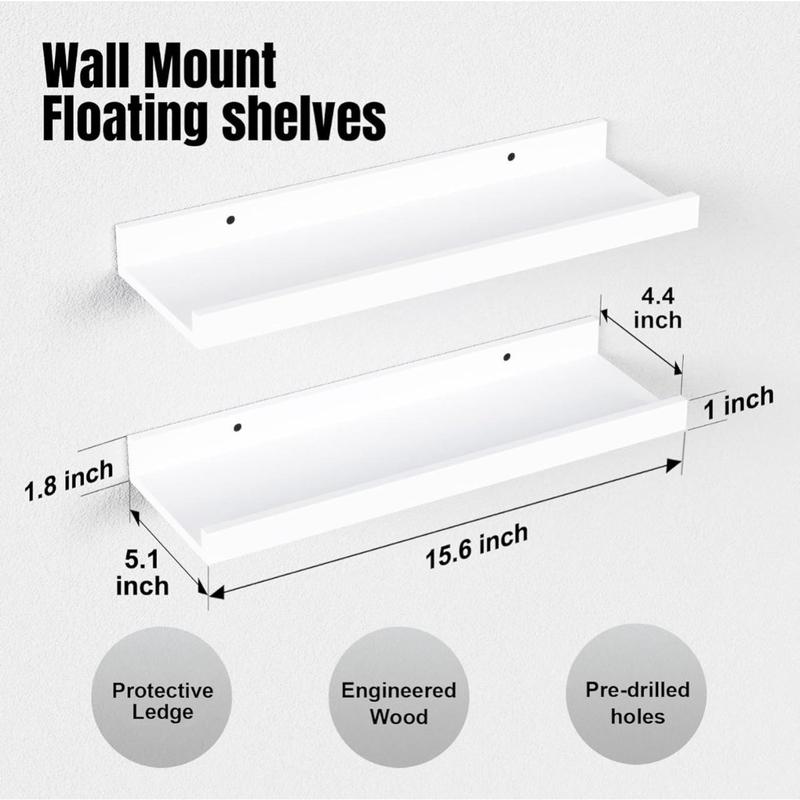 Floating Shelves Wall Mounted Set of 2, Modern White Shelves for Bedroom, Nursery Shelves with Lip, Display Picture Ledge Shelf for Wall Decor Living Room Bathroom Kitchen - White