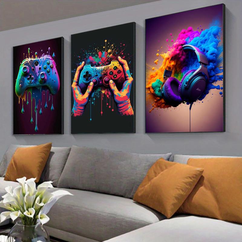 Game Controller Headphone Pattern Canvas Painting without Frame, 3 Counts set Colorful Wall Art, Wall Decor for Home Living Room Bedroom Office