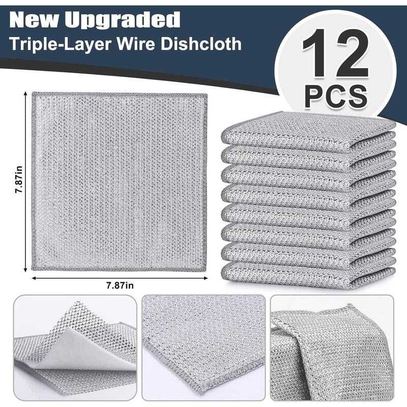 12 Pcs New Upgrade Steel Wire Dishcloth,Triple-Layer Steel Wire Cleaning Cloth,Powerful Cleaning Non-Scratch Wire Dishcloth R for Cookware, Sinks, Dishes, Stove Tops