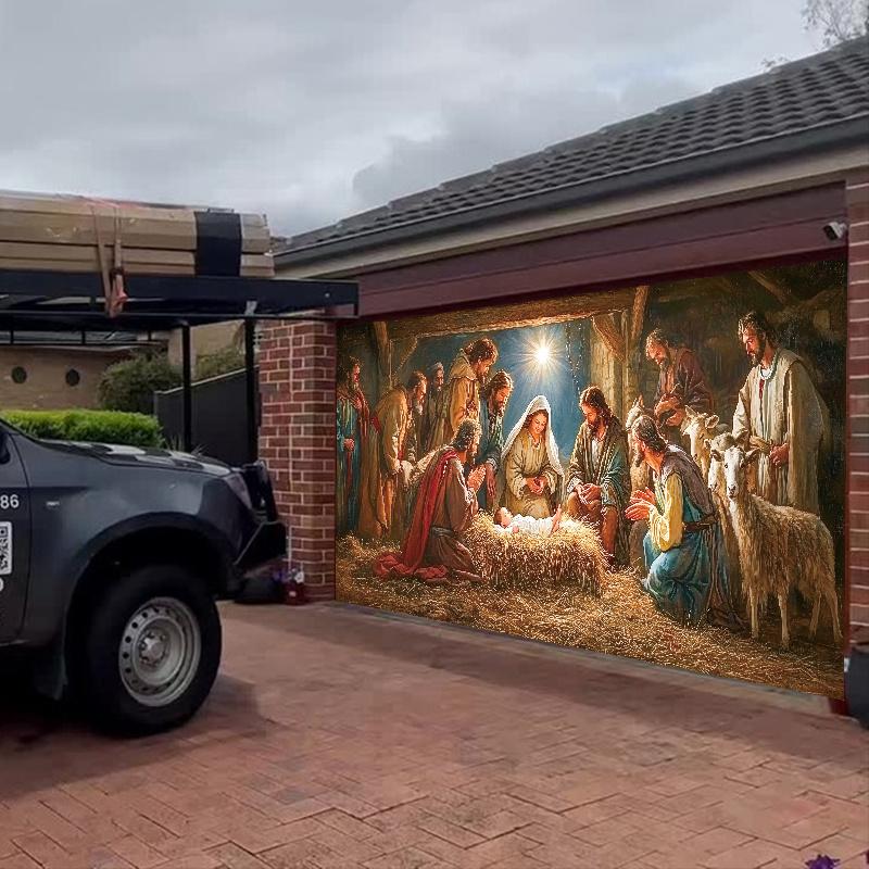 1pc Festive Season Birth Scene Outdoor Garage Door Banner Decoration, Large 6X13 Feet Polyester Tapestry Background for Holiday Parties, Star of Bethlehem Scene Garage Door Decor, Durable, Easy to Hang, No Power Needed