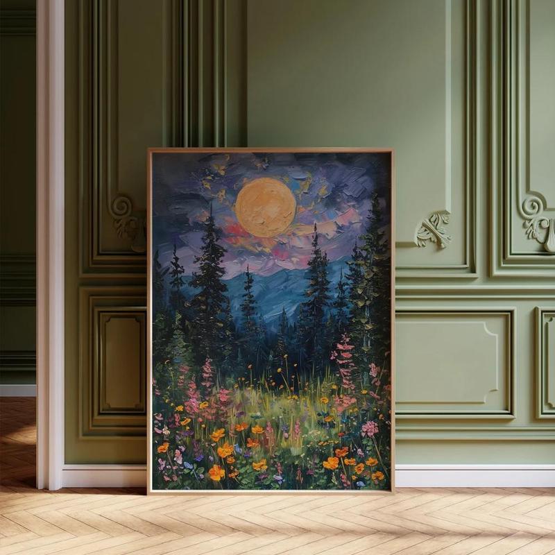 Vintage Flower & Moon Pattern Unframed Painting, 1 Count Canvas Wall Art, Wall Decor for Home Living Room Bedroom Study Room