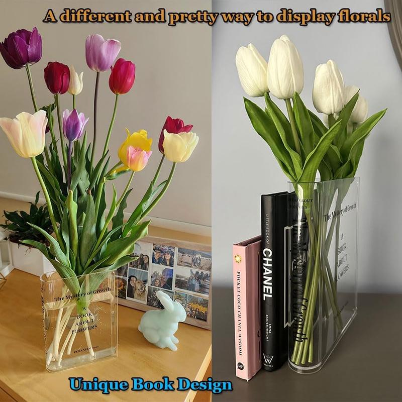 Clear Book Flowers Vase - Cute Bookshelf Decor; Unique Vase for Book Lovers, Artistic and Cultural Flavor Acrylic Vases for Home Office Decor, A Book About Flowers (Clear - B)