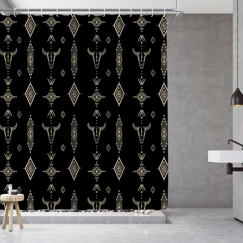 Boho Style Ox Head Pattern Shower Curtain, 1 Count Modern Waterproof Bathroom Curtain with 12pcs Hooks, Bathroom Decor Supplies for Home Hotel