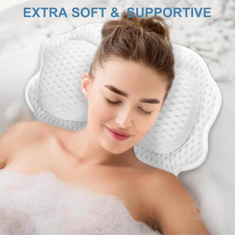 Bath Pillow, Relaxing Bath Pillows for Tub Neck and Back Support Soft 4D Breathable Air Mesh Ergonomic Bathtub Pillow with 6 Strong Suction Cups and Hook Luxury Bathroom Accessories,White