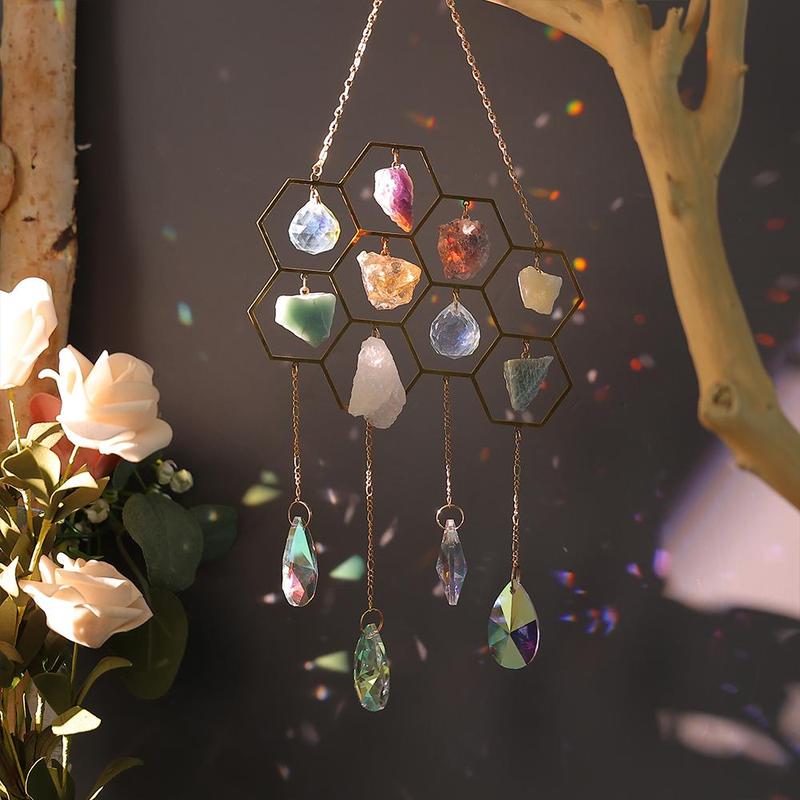 Honeycomb Crystal Stone Sun Catcher, 1 Count Sun Catcher Hanging Decoration, Wind Chime for Home Living Room Courtyard Garden Window