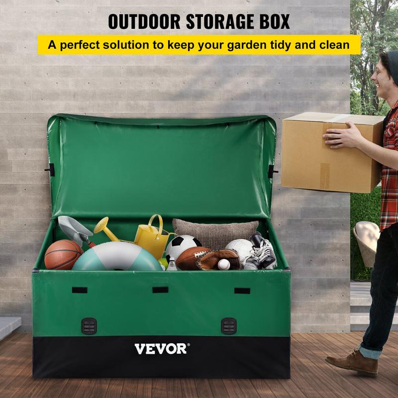 VEVOR Outdoor Storage Box, 100 150 230 Gallon Waterproof PE Tarpaulin Deck Box w Galvanized Frame, All-Weather Protection & Portable, for Camping, Garden, Poolside, and Yard, Black & Green Organiser