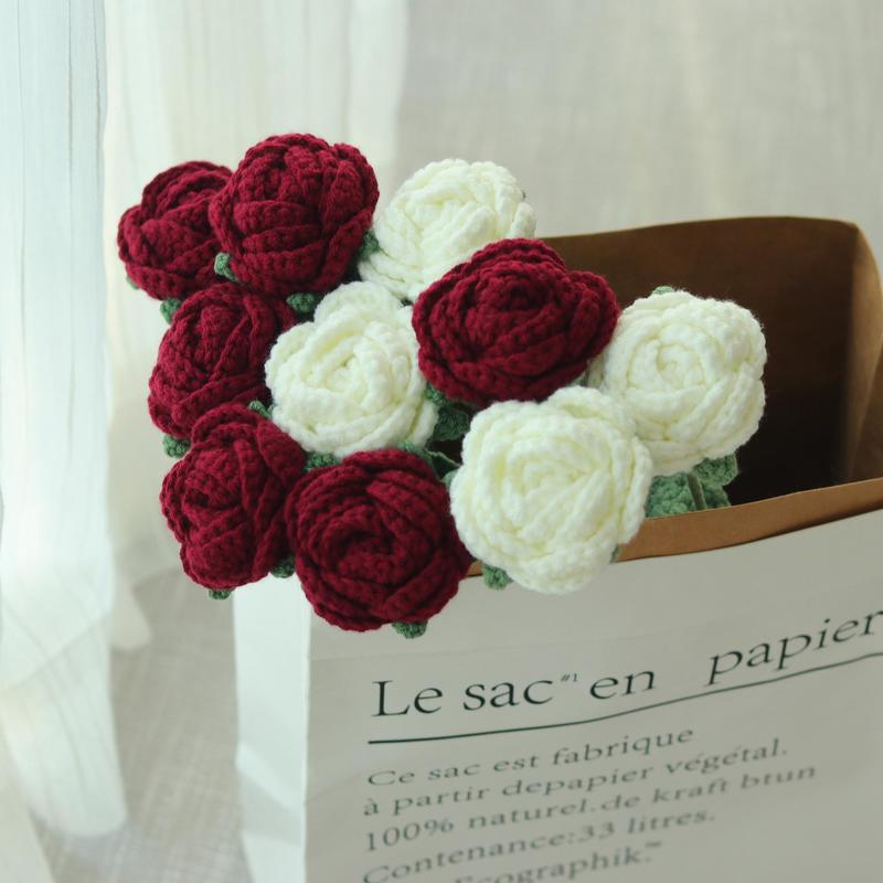 Crochet Rose Artificial Flower, 10pcs set Handmade Knitting Rose, Decorative Flower for Home Party Wedding Office Festival