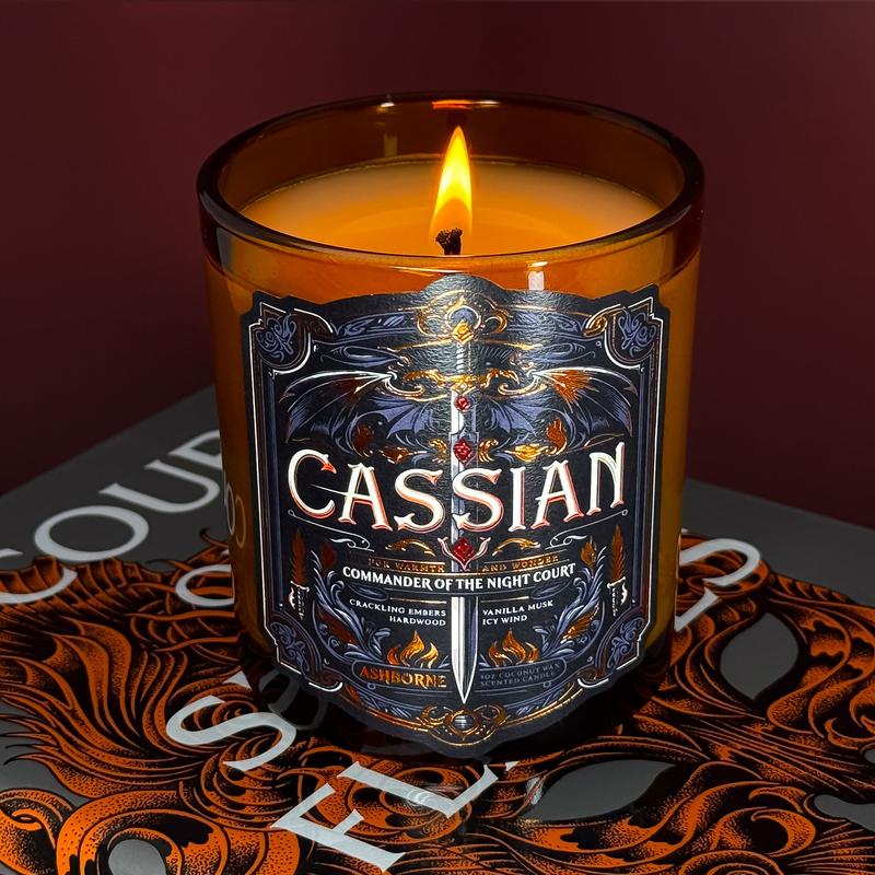 Cassian - ACOTAR inspired 8oz Scented Candle - Crackling Embers, Icy Wind, Vanilla Musk, Hard Wood - Natural Coconut Wax - 35 h Burn Time - Premium Foil Label