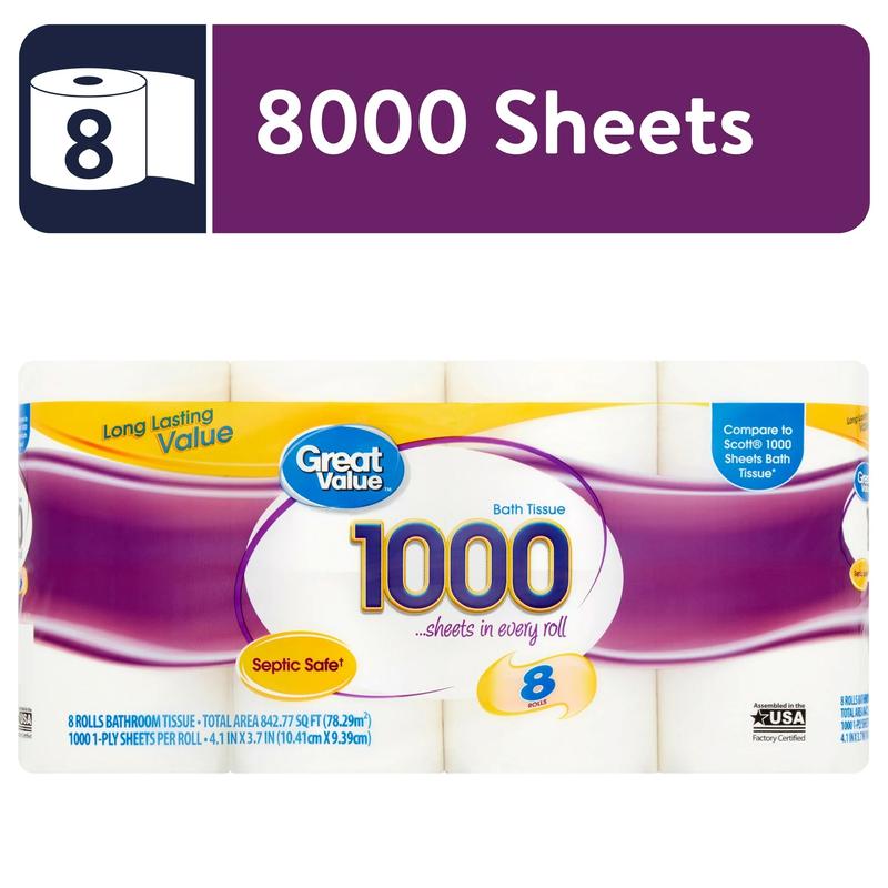 Great Value 1,000 Sheets per Roll Toilet Paper, 8 Rolls