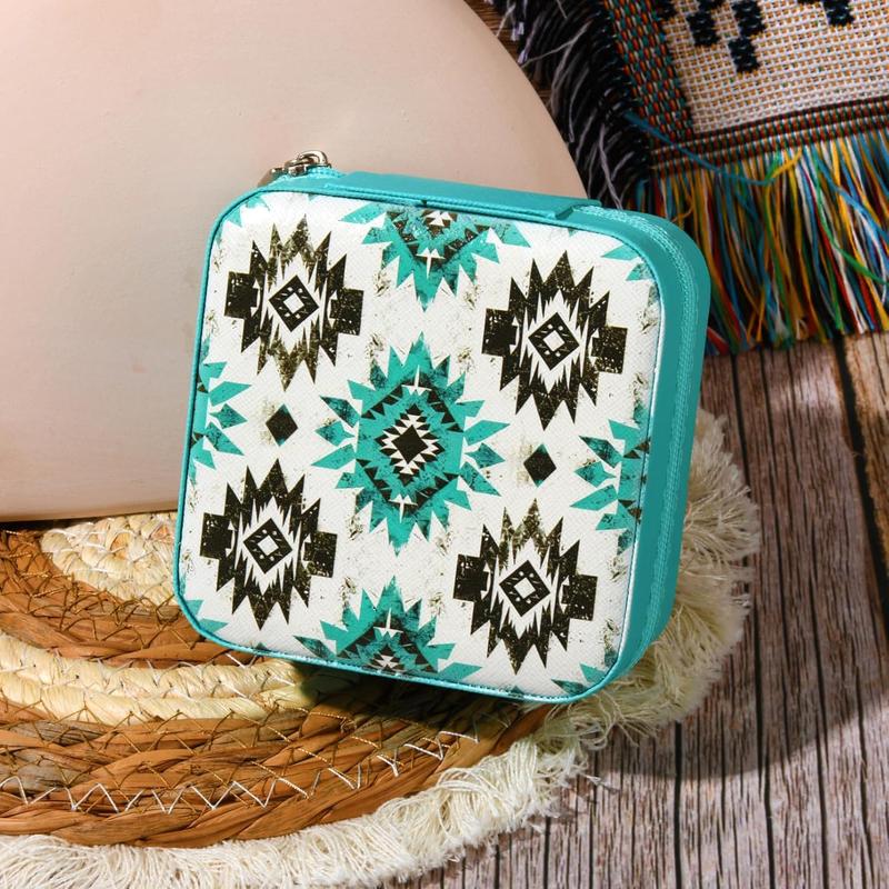 Western Jewelry Box Case Gift Aztec Print Travel Jewelry Organizer Christmas Gifts for Teen Girls Cowgirl Stuff Small Portable Travel Accessories for Women (Aztec) Set