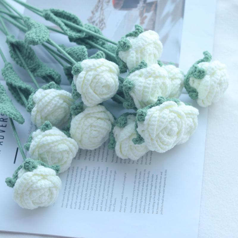 Crochet Rose Artificial Flower, 10pcs set Handmade Knitting Rose, Decorative Flower for Home Party Wedding Office Festival